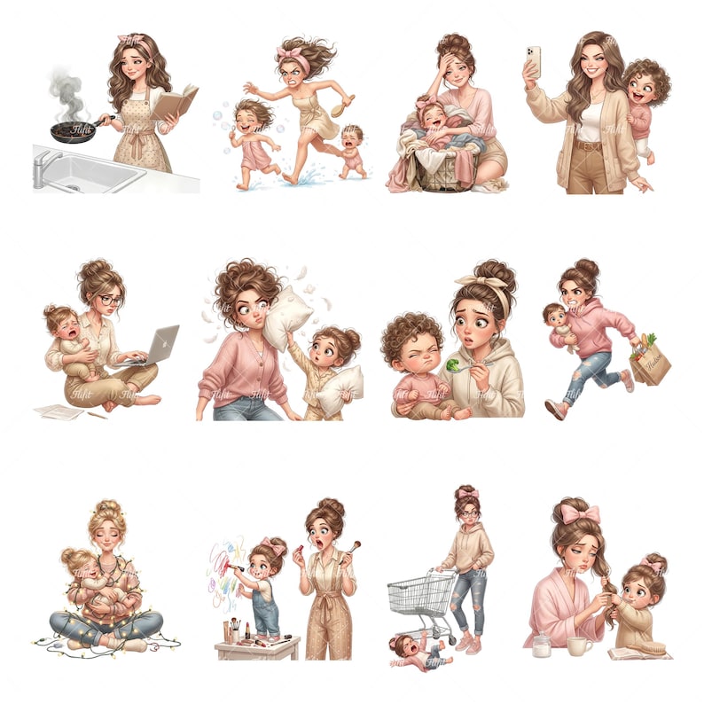 May include: A collection of digital illustrations depicting various scenes of motherhood. The images show a woman in different scenarios, such as cooking, working on a laptop, and dealing with children. The illustrations are colorful and cartoon-like.