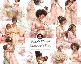 Black Floral Mothers Day Clipart, Luxury Moody Flower, Clipart, Mom and baby Illustration Sublimation