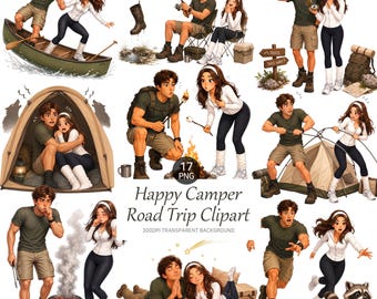 Happy Camper Clipart Road Trip Camping Couple PNG Outdoor Adventure Clip Art Hiking Camping