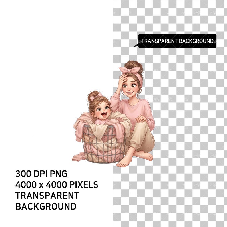 May include: An illustration of a mother and child in matching pink outfits. The child sits in a laundry basket filled with pink clothes. The mother sits beside the basket, smiling. The image has a transparent background.