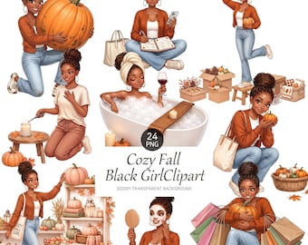 Cozy Fall Black Girl Clipart, 24 Autumn PNGs for Creative Projects, Lifestyle Illustrations