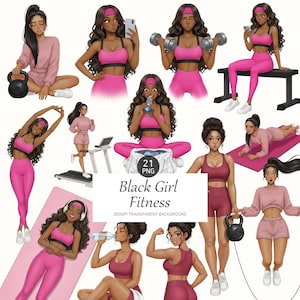 Pacote de imagens PNG de garotas negras em forma para exercícios físicos, ideal para planejadores de treino e adesivos.