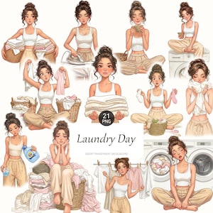 May include: Digital illustration set featuring a woman in various laundry day activities. The images show her folding clothes, ironing, and using a washing machine. The text "Laundry Day" is displayed below the images. The color palette includes beige, white, and brown.