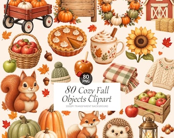80 Cozy Fall Objects Clipart, Autumn PNG Bundle (Digital Download)