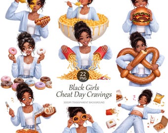 Könnte beinhalten: Ein digitales Illustrationsset mit dem Titel Black Girls Cheat Day Cravings, das eine Figur in einer hellblauen Strickjacke zeigt, die mit verschiedenen Lebensmitteln wie Hotdog, Makkaroni, Burger, Donuts, Pommes, Brezel, Pfannkuchen und Zwiebelringen interagiert.