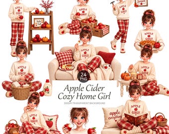 Apple Cider Cozy Home Girl Clipart, Fall PNG Bundle