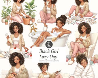 Black Girl Self Care Clipart, Cozy Planner Stickers, African American Lazy Day PNG