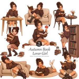 May include: A digital illustration set featuring a girl with brown hair in a bun, wearing a brown sweater and plaid skirt, depicted in various poses reading books, sitting on furniture, and holding a smartphone, with the text Autumn Book Lover Girl.