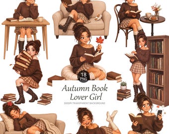 Autumn Book Lover Girl Clipart, Cozy Reading PNG Set