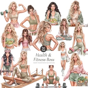 Puede incluir: Ilustraciones digitales de mujeres en diversas actividades relacionadas con la salud y el fitness. Las imágenes incluyen mujeres levantando pesas, comiendo ensalada, haciendo yoga y usando equipos de ejercicio. El texto "Health & Fitness Boss" también está presente.