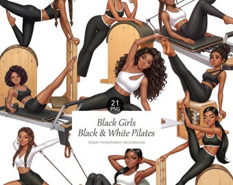 Black Girls Pilates Clipart: Black & White Workout PNG (Digital Download)