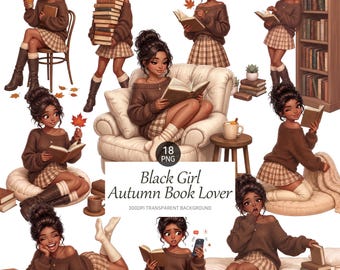 Black Girl Autumn Book Lover Clipart, Cozy Fall Reading PNG Set