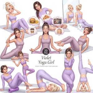 May include: A digital illustration featuring multiple poses of a woman in lavender yoga attire. The image includes thought bubbles with food and a TV, and the text "Violet Yoga Girl". The background is transparent.