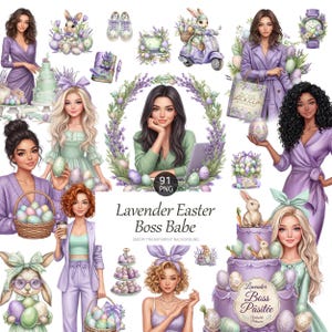 Może przedstawiać: Cyfrowa ilustracja z kobietami i motywami wielkanocnymi. Obraz zawiera pastelowe jajka, króliki, ciasta i kompozycje kwiatowe. Tekst brzmi "Lavender Easter Boss Babe".