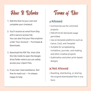 May include: A digital download information sheet with the title "How It Works" and "Terms of Use". The sheet details the steps to purchase and use the digital product, including commercial use and POD usage.