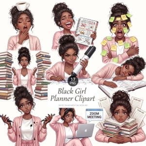 May include: A digital illustration set featuring a Black woman in various scenarios, including studying, working, and planning. The images depict her with books, a laptop, and sticky notes, conveying themes of stress and productivity. The text "Black Girl Planner Clipart" is visible.