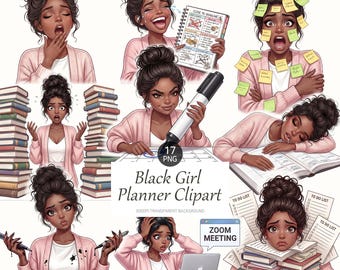 Funny Black Girl Planner Clipart, Relatable Chaos Work, Remote Work, Digital Stickers, Sublimation