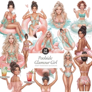 Pode incluir: Ilustração digital com várias mulheres glamourosas em trajes de banho e roupas de resort. A imagem inclui mulheres com bebidas, em boias infláveis e na água. O texto "Poolside Glamour Girl" também está presente.