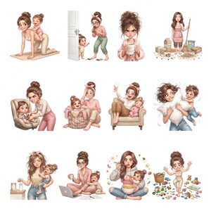 May include: A collection of cartoon illustrations depicting various scenes of a mother with her child. The images show the mother in different scenarios, such as exercising, cleaning, and working, with a variety of expressions.