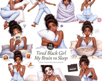 Tired Black Girl Clipart Sleepy Woman PNG Cozy Pajama Girl Insomnia Self Care Sticker