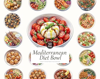 Mediterranean Diet Salad Bowl Clipart, Healthy Food Illustration PNG, Graphics for Planner Stickers