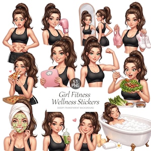 May include: A collection of 51 digital stickers featuring a brown-haired character in a black sports bra engaged in fitness and wellness activities, including exercising, eating healthy food, and relaxing in a bubble bath, with the text Girl Fitness Wellness Stickers.