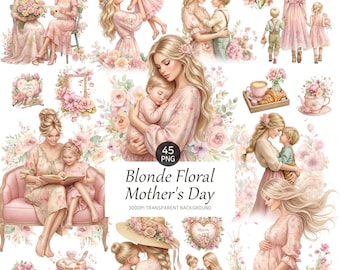 Blonde Mom Clipart, Floral Mothers Day PNG, Mom and Baby Illustration Sublimation
