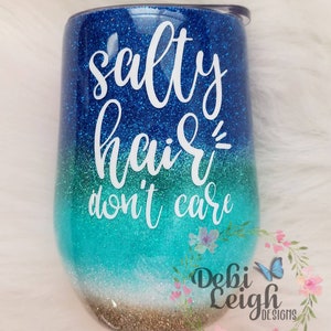 Stainless Steel Wine Tumbler 15 oz with lid, Glitter, beach, salty hair