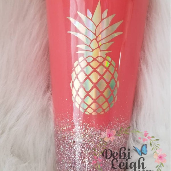 Personalized Stainless steel 30 oz insulated tumbler with lid, pearlescent coral, holo pineapple decal, glitter