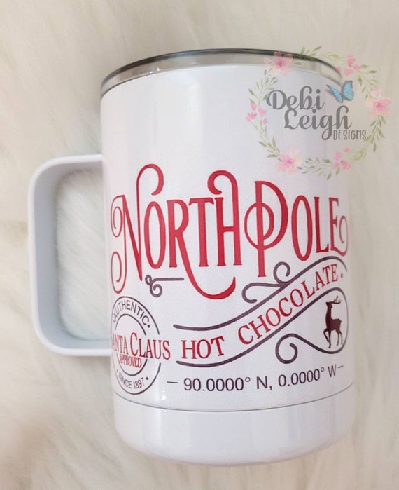 Stainless steel 10 oz insulated coffee mug with sliding closure lid, North  Pole hot chocolate, sublimated design