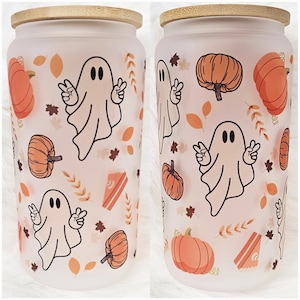 16 oz frosted glass tumbler with bamboo lid and reusable straw, sublimated design, Halloween, pumpkins and cute ghosts, one ready to ship