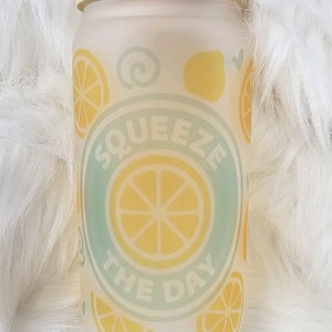 16 oz frosted glass tumbler with bamboo lid, sublimated design, lemons, squeeze the day