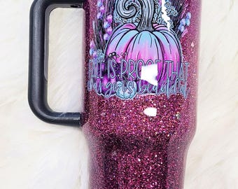 Stainless steel 40 oz insulated handle tumbler with lid, purple ombre glitter, Fall, screw on lid and reusable straw, ready to ship