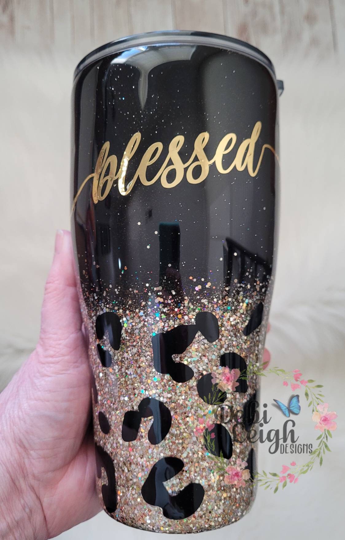 30 oz Insulated Black Tumbler with Argentina Cow Leather Beaded Arrow Sleeve. main image 1