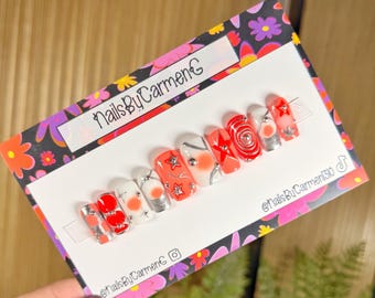 Retro neon orange nail art Acrylic Press On Nails: RetroHandmade Press on Nails
