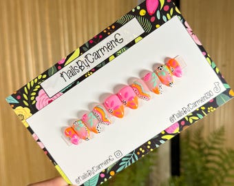 Sommer Floral Acryl Drücken Sie die Nägel | Handgefertigte Frühlingsnägel | Kurze Mandel