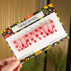 Hearts and kisses Acrylic press on nails | Custom Fake nails | Long Square