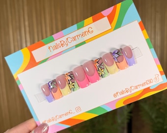 Frühlingsblumen Press On Nails: Bunte Acrylnägel, mittleres Quadrat