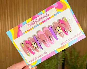 Retro Spring Flower Press On Nails: Long Almond Hand Painted Acrylic Set
