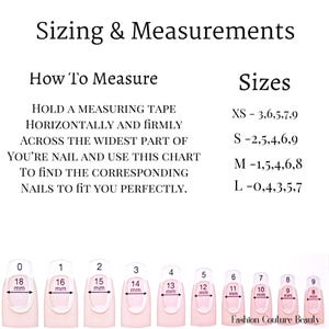K&ouml;nnte beinhalten: Bild mit Anweisungen zur Nagelbemessung und -messung. Der Text enth&auml;lt "Sizing & Measurements", "How To Measure" und "Sizes". Die Tabelle enth&auml;lt Nagelgr&ouml;&szlig;en XS, S, M und L mit entsprechenden Nagelma&szlig;en in Millimetern. Enth&auml;lt eine visuelle Anleitung zu Nagelgr&ouml;&szlig;en.
