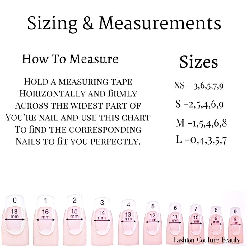 K&ouml;nnte beinhalten: Bild mit Anweisungen zur Nagelbemessung und -messung. Der Text enth&auml;lt "Sizing & Measurements", "How To Measure" und "Sizes". Die Tabelle enth&auml;lt Nagelgr&ouml;&szlig;en XS, S, M und L mit entsprechenden Nagelma&szlig;en in Millimetern. Enth&auml;lt eine visuelle Anleitung zu Nagelgr&ouml;&szlig;en.