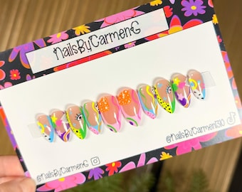 Retro nail art uit de jaren 90 acryl Press On Nails: Retro Handmade Press on Nails