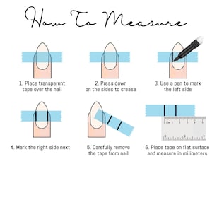 K&ouml;nnte beinhalten: Eine Anleitung zum Messen von N&auml;geln f&uuml;r Press-On-N&auml;gel. Die Abbildung zeigt Schritte mit Klebeband, Stift und Lineal, um die Nagelbreite in Millimetern zu messen.