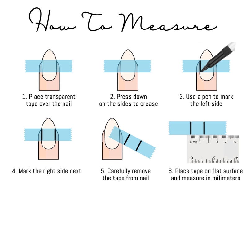 K&ouml;nnte beinhalten: Eine Anleitung zum Messen von N&auml;geln f&uuml;r Press-On-N&auml;gel. Die Abbildung zeigt Schritte mit Klebeband, Stift und Lineal, um die Nagelbreite in Millimetern zu messen.