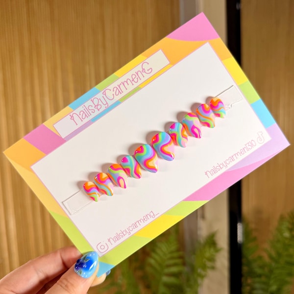 Colorful Swirl Acrylic Press On Nails: Short Stiletto Retro Style