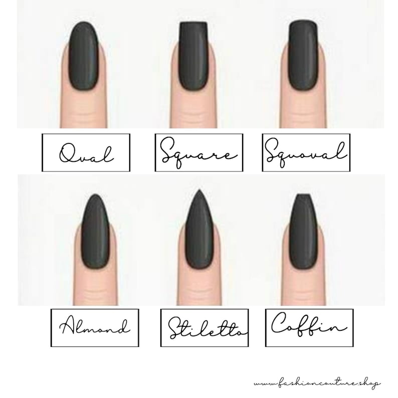 K&ouml;nnte beinhalten: Eine Illustration, die sechs verschiedene Nagelformen zeigt: oval, quadratisch, Squoval, Mandel, Stiletto und Sarg. Jeder Nagel ist schwarz lackiert und auf einem Finger dargestellt. Die Nagelformen sind in einem schwarzen Feld beschriftet. Die Website-Adresse www.fashioncoutureshop.com befindet sich unten.