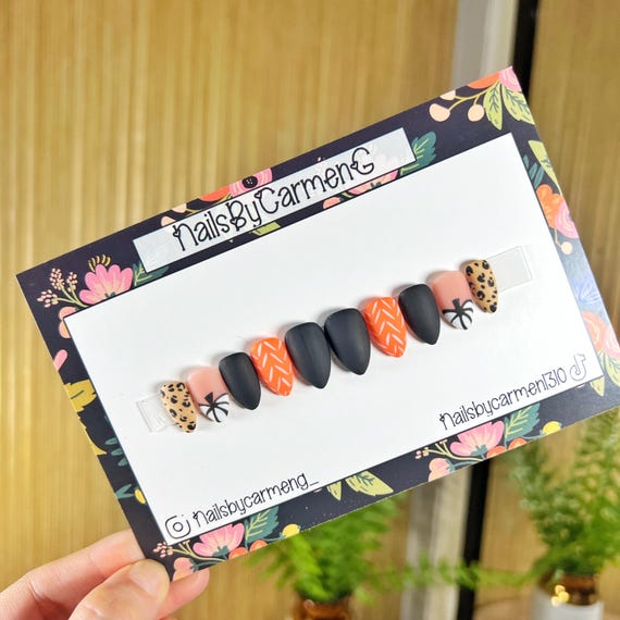 Fall Press On Nails: Pumpkin Cheetah Handmade Acrylic Nails