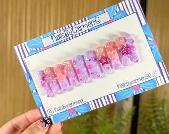 Charm ombré violet fait main à presser sur les ongles : Set d'ongles en acrylique Kawaii