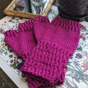 Handmade Knit Sparkle Fingerless Texting Gloves: Raspberry Pink, 80s Pop, Cozy Chic