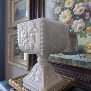 Vintage Westmoreland Milk Glass Candy Dish: Paneled Grape Design, Footed Pedestal Square Bowl